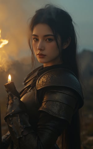 (best quality), (realistic, photo-realistic:1.3), (masterpiece:1.3), CG, unity, 8k, amazing, finely detail, ultra-detailed, highres, absurdres, ((ultra-detailed)), ((highly detailed CG illustration)), ((an extremely delicate and beautiful)), (cute delicate face), cinematic light, cinematic compotision, best shadow, extremely detailed eyes and face, beautiful detailed nose, beautiful detailed hand, beautiful detailed eyes. Cinematic portrait of a fearless medieval warrior woman, her determined gaze illuminating the foreboding darkness as she strides across the desolate landscape, fire torch ablaze in her steady hand. Intricate armor patterns gleam amidst misty veil, while hints of malevolent demons lurk in shadows, their dark silhouettes contrasting with warm golden light. Soft idyllic background whispers ancient mysticism, as warrior's resolute stride cuts through the eerie atmosphere. More detailing.