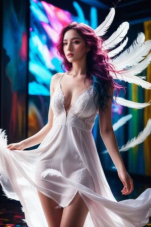  photorealistic,portrait of hubggirl, 
(ultra realistic,best quality),photorealistic,Extremely Realistic, in depth, cinematic light,

girl in a fluid and dynamic pose, wearing a loose, flowing white dress, mysterious expression, curly black and pink hair,hubg_jsnh, night, in a modern and abstract setting, with bold and colorful abstract art, blurred background, bright lighting, official art, uniform 8k wallpaper,(Feathers everywhere :1.3), depth of field level,

perfect hands,perfect lighting, vibrant colors, intricate details, high detailed skin, pale skin, intricate background, taken by Canon EOS,SIGMA Art Lens 35mm F1.4,ISO 200 Shutter Speed 2000,Vivid picture,hubggirl