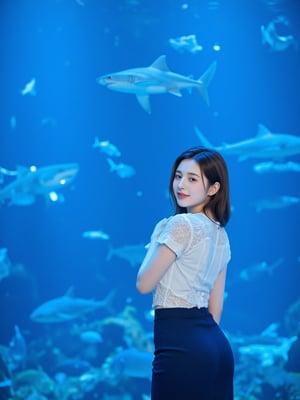 A young woman stands in front of a large aquarium, with various marine animals, including sharks and rays, swimming in the blue water behind her. She is turned slightly, looking back toward the camera with a gentle smile, creating a warm connection with the viewer. Her outfit is elevated to feature a stylish, fitted white blouse with delicate lace details, paired with a high-waisted navy blue skirt that adds sophistication. The lighting highlights her silhouette against the vibrant underwater scene, enhancing the depth and beauty of both the model and her surroundings.