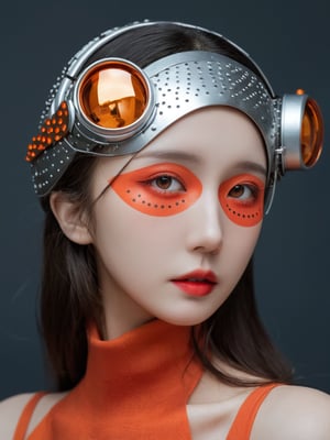 a woman wears and wears black dots on her head, in the style of futuristic fantasy, 3d, metallic sculpture, elegant, emotive faces, dark Orange and red and light silver,her eyes wearin a futuristic sun glasses algorithmic artistry, high resolution