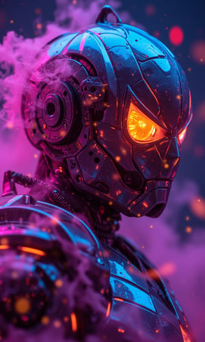 This image is a piece of digital art that looks like a futuristic or sci-fi scene. It shows a close-up of the head and upper body of a futuristic warrior who is wearing a neon metal helmet resembling a pumpkin lamp and a neo-futuristic technological battle armor that is a combination of Spider-Man and Iron Man battle armor.
High-tech cyberpunk style,
Vertigo, Splash Art, Splash Neon Colors, (Colorful Glowing Smoke) ((Dynamic Effects)), Best Quality, Wallpaper Art, UHD, Medium Scene, MSchiffer Art, ((Flat Colors)), (cel-shading style) Very Bold Neon Colors, Psychedelic Environments.