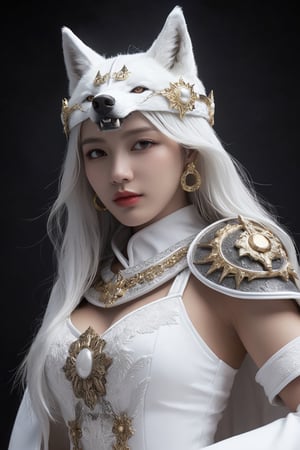  HUBG_Mecha_Armor, official art, full body,

 (Extremely beautiful hubggirl,, White Wolf queen, white Wolf_girl, crown (headgear):1.3), Wolf Head, Wolf_girl, Moon.solo, hanfu,
Majestic. Solemn, white wolf's head at the shoulders, wolf's ears, (white medieval byzantine theme),
cowboy shot, (alive skin),HUBGGIRL,lip biting,detailed skin,detailed face,(studio light:1.4),