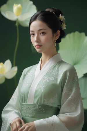 (ultra realistic,best quality),photorealistic,Extremely Realistic,in depth,cinematic light,hubggirl, BREAK breathtaking ancient chinese beauty, wearing hanfu, standing by one enormous lotus leave with intricate patterns, median transparent/translucent lotus leave, soft glow, in the style of albert watson, minimalism, light emerald and white, simple white background, surrealist, feminine sensibilities . award-winning, professional, highly detailed