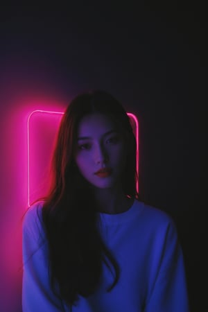 photograph, Neon Light, Dark hue, Iphone X, telephoto lens, Conceptual girl, volumetric lighting