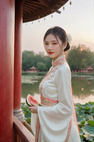 (ultra realistic,best quality),photorealistic,Extremely Realistic, in depth, cinematic light,hubgirl,
A Chinese girl with silky black hair tied in a high ponytail, wearing a flowing qipao dress patterned with delicate blossoms, stands atop a traditional pavilion overlooking a tranquil lotus pond at sunset. She holds a slice of refreshing watermelon, its deep red hues mirroring the colors of the fading sky, and smiles softly at the beauty around her. The setting sun bathes everything in a warm golden glow, highlighting the intricate embroidery on her dress and the fine beads of moisture on the watermelon,
dynamic poses, particle effects, perfect hands, perfect lighting, vibrant colors, intricate details, high detailed skin, intricate background, realism, raw, analog, taken by Sony Alpha 7R IV, Zeiss Otus 85mm F1.4, ISO 100 Shutter Speed 1/400,