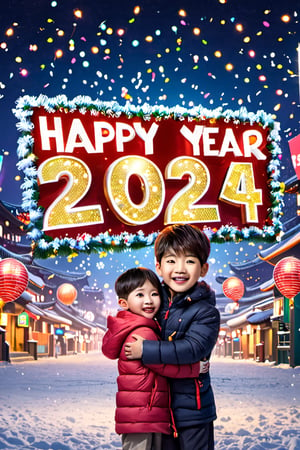 1 boy, Korean kindergarten,
Seoul square, midnight,
New Year's Ball Drop,
ultrarealistic, 5_fingered, BREAK
(holding a legible and perfectly typed ("HAPPY NEW YEAR 2024") large sign), younglink, kpop, boy(photorealistic, smiling, calm expression, looking at viewer,  beautifully detailed face, beautifully detailed eyes)