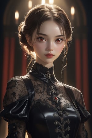 masterpiece, high quality, professional photoshot, a 20 year old lady, upper body, highest realistic, real human skin, (oiled skin:1.0), natural face, red and black gothic clothes, beautiful model, detailed brown hair, detailed red eyes, elegant pose, very detailed outfit, cinematic lighting, hyper realistic, looking at viewer.