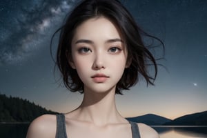 Photo of a 20 year old woman, highest realistic, real human skin, (oiled skin:1.0), very natural face, thin lips, thin eyes, thin eyebrows, thin nose, (view from below:0.7), looking at viewer. cinematic lighting, near a lake, starry sky background. 