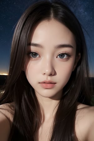 Photo of a 20 year old woman, real human skin, (oiled skin:1.0), very natural face, thin lips, thin eyes, thin eyebrows, thin nose. She makes a cute selfie, very realistic, cinematic lighting, starry sky background. 