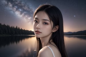 Photo of a 20 year old woman, highest realistic, real human skin, (oiled skin:1.0), very natural face, thin lips, thin eyes, thin eyebrows, thin nose, (view from side:0.7), looking at viewer. cinematic lighting, near a lake, starry sky background. 