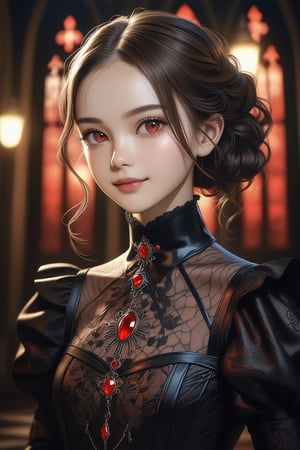 masterpiece, high quality, professional photoshot, a 20 year old lady, upper body, highest realistic, real human skin, (oiled skin:1.0), natural face, pretty detailed red eyes, little smile, red and black gothic clothes, beautiful model, detailed brown hair, elegant pose, very detailed outfit, cinematic lighting, hyper realistic, looking at viewer.