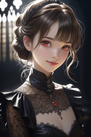 masterpiece, high quality, professional photoshot, a 20 year old lady, upper body, highest realistic, real human skin, (oiled skin:1.0), natural face, pretty detailed red eyes, little smile, red and black gothic clothes, beautiful model, detailed brown hair, elegant pose, very detailed outfit, cinematic lighting, hyper realistic, looking at viewer.