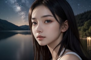 Photo of a 20 year old woman, highest realistic, real human skin, (oiled skin:1.0), very natural face, thin lips, thin eyes, thin eyebrows, thin nose, (view from side:0.7), looking at viewer. cinematic lighting, near a lake, starry sky background. 