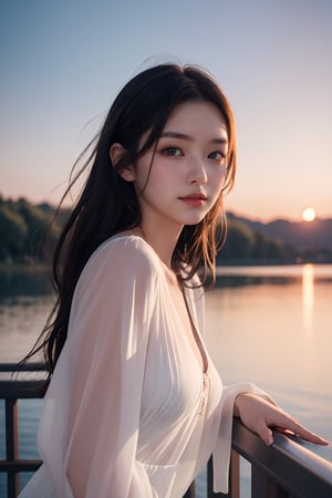 Photo of a 20 year old woman, highest realistic, real human skin, very natural face, widely forehead, thick lips, thin eyes, thin eyebrows, thin nose, little smile, sheer clothes, cinematic lighting. near a lake at sunset, f1 lens .3, cinestill 800, (view from side:0.8), looking at viewer. 