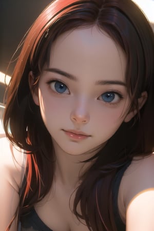 a pretty girl, breast-up portrait, dark red hair up, detailed beautiful eyes, symmetrical eyes, detailed face, shyly face, sheer clothes, perfect anatomy, dramatic lighting, (masterpiece), (highest quality), (best shadow), ultra high resolution, 8K wallpapers, physically based rendering, photo realistic, hyper realism, photography, f1 lens .4, hyper realistic texture, cinestill 800T, simple background.