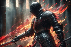 an cinematic shot of a knight wearing black shiny reflective armor, (soul leaving the body, in the style of ethereal light effects, red fire:1.2), soul knight, soul effects, souls in background, dark souls, holding a sword, hkstyle, best quality, hyper detailed, ultra detailed