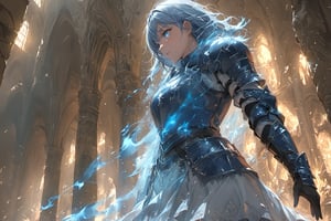 an cinematic shot of a knight wearing blue shiny reflective armor, (soul leaving the body, in the style of ethereal light effects, blue fire:1.2),soul knight,1girl,ultra detailed face,ultra detailed eyes,score_9,score_8_up