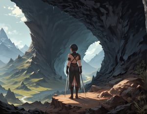 (a girl stands in front of a cave facing away)
green eyes,black short hair,thief costume,score_9,score_8_up,skyrimlandscapes,mountain,cave