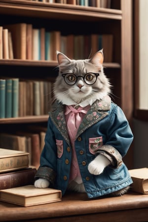 Envision an adorable and playful scene: A cat sits in front of a bookshelf, adorned with glasses and a vintage jacket, resembling an intellectual little princess