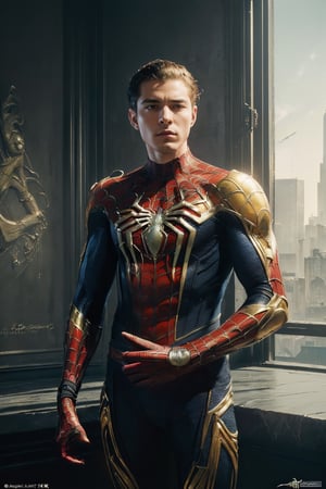 (best quality, 4k, 8k, highres, masterpiece:1.2), ultra-detailed, (realistic, photorealistic, photo-realistic:1.37), (A breathtaking 8K photorealistic concept art masterpiece, (Spiderman adorned in a stunning white and gold armor-style suit, unmasked, with a white cape billowing gracefully:1.3), Set against the backdrop of a highly detailed night cityscape, captured with perfect composition and sharp focus, (A cinematic vision of artistry:1.3), Bathed in soft, natural volumetric lighting, the chiaroscuro effect enhancing the intricate details of the suit, (A true award-winning photograph:1.3), Created in the style reminiscent of the great masters Raphael, Caravaggio, and modern visionaries like Greg Rutkowski, Beeple, Beksinski, and Giger, (A piece trending on ArtStation for its artistic brilliance:1.3), This oil on canvas marvel is a testament to artistic excellence, showcasing Spiderman as you've never seen him before, (An artistic achievement beyond compare:1.3)