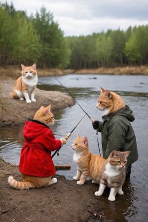 3 cute beautiful adult cats and one dog with jackets fishing near river, one of them have alot of red fur, very beautiful cats, extra details, high quality, they are trying to fish very hard, one of them caught the fish on hook, little kitten with them trying to steal fish. wide fram, deep background.,more detail XL,wide angle exterior background,Forest 