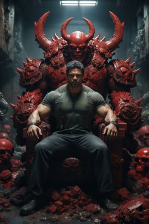 A legendary shot of hulk in a dark and gritty setting. He is sitting on a throne of skulls, surrounded by the detritus of battle. The pose is dynamic and engaging, with hulk looking directly at the viewer. The colors are vibrant and saturated, with a strong emphasis on red and black. The level of detail is incredible, with every skull and every piece of armor rendered in stunning realism. The image has been post-processed to add even more detail and atmosphere. The overall effect is one of ultra-realism and cinematic quality.

