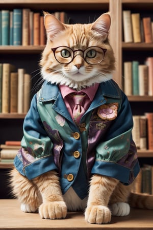 Envision an adorable and playful scene: A cat sits in front of a bookshelf, adorned with glasses and a vintage jacket, resembling an intellectual little princess