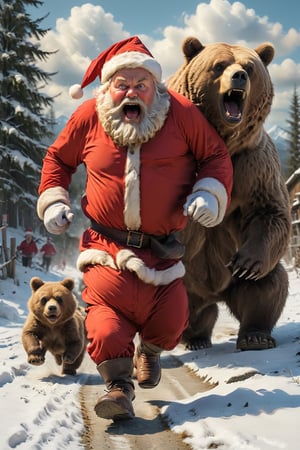 Santa running away from a brown bear,  scared face
, HDR, highly detailed, 32k,