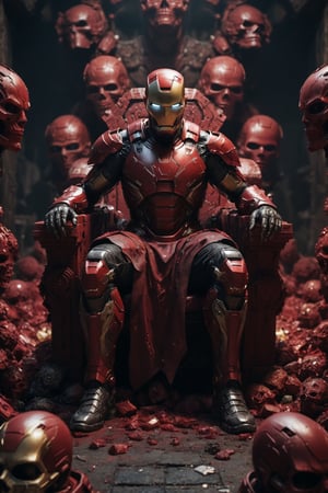 A legendary shot of ironman in a dark and gritty setting. He is sitting on a throne of skulls, surrounded by the detritus of battle. The pose is dynamic and engaging, with ironman looking directly at the viewer. The colors are vibrant and saturated, with a strong emphasis on red and black. The level of detail is incredible, with every skull and every piece of armor rendered in stunning realism. The image has been post-processed to add even more detail and atmosphere. The overall effect is one of ultra-realism and cinematic quality.

