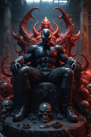 A legendary shot of venom in a dark and gritty setting. He is sitting on a throne of skulls, surrounded by the detritus of battle. The pose is dynamic and engaging, with venom looking directly at the viewer. The colors are vibrant and saturated, with a strong emphasis on red and black. The level of detail is incredible, with every skull and every piece of armor rendered in stunning realism. The image has been post-processed to add even more detail and atmosphere. The overall effect is one of ultra-realism and cinematic quality.

,Muscle