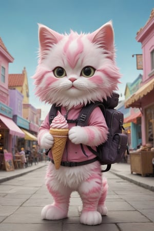 tiny pink cat with big giant backpack with camera in hands character, full body,  big puffu tail (((art by Aaron Jasinski))),   Enchanted Masterpiece, fantasy-core, Award-Winning, Masterpiece, contrast, faded , soft colors, Enchanted Masterpiece, Award-Winning, Masterpiece, contrast, faded, city 
and ice cream shope background
    ,more detail XL