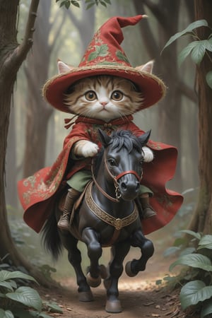 Cute kitten riding a big black vaulting horse, closed: straw hat, red and green embroidered Chinese cloak, cinematic pose, fairy atmosphere, highly detailed, dramatic lighting. Forest background, digital painting, masterpiece, maximalism, near perfection, design by Greg Rutkowski + Esao Andrews, oil painting
