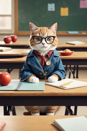 Envision an adorable and playful scene: A cat sits in a classroom front of a foodtable, adorned with glasses and a vintage jacket, resembling an intellectual little princess