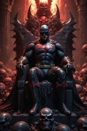 A legendary shot of batman in a dark and gritty setting. He is sitting on a throne of skulls, surrounded by the detritus of battle. The pose is dynamic and engaging, with superman looking directly at the viewer. The colors are vibrant and saturated, with a strong emphasis on red and black. The level of detail is incredible, with every skull and every piece of armor rendered in stunning realism. The image has been post-processed to add even more detail and atmosphere. The overall effect is one of ultra-realism and cinematic quality.

