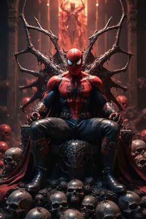 A legendary shot of spiderman in a dark and gritty setting. He is sitting on a throne of skulls, surrounded by the detritus of battle. The pose is dynamic and engaging, with spiderman looking directly at the viewer. The colors are vibrant and saturated, with a strong emphasis on red and black. The level of detail is incredible, with every skull and every piece of armor rendered in stunning realism. The image has been post-processed to add even more detail and atmosphere. The overall effect is one of ultra-realism and cinematic quality.

