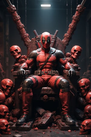 A legendary shot of Deadpool in a dark and gritty setting. He is sitting on a throne of skulls, surrounded by the detritus of battle. The pose is dynamic and engaging, with Deadpool looking directly at the viewer. The colors are vibrant and saturated, with a strong emphasis on red and black. The level of detail is incredible, with every skull and every piece of armor rendered in stunning realism. The image has been post-processed to add even more detail and atmosphere. The overall effect is one of ultra-realism and cinematic quality.

