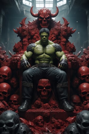 A legendary shot of hulk in a dark and gritty setting. He is sitting on a throne of skulls, surrounded by the detritus of battle. The pose is dynamic and engaging, with hulk looking directly at the viewer. The colors are vibrant and saturated, with a strong emphasis on red and black. The level of detail is incredible, with every skull and every piece of armor rendered in stunning realism. The image has been post-processed to add even more detail and atmosphere. The overall effect is one of ultra-realism and cinematic quality.

