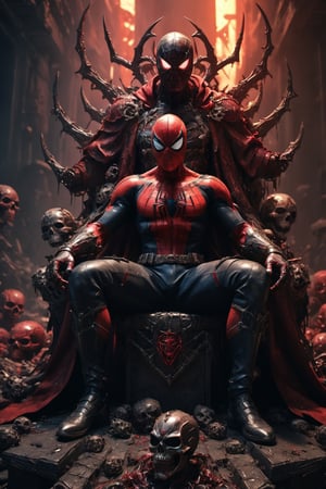 A legendary shot of spiderman in a dark and gritty setting. He is sitting on a throne of skulls, surrounded by the detritus of battle. The pose is dynamic and engaging, with spiderman looking directly at the viewer. The colors are vibrant and saturated, with a strong emphasis on red and black. The level of detail is incredible, with every skull and every piece of armor rendered in stunning realism. The image has been post-processed to add even more detail and atmosphere. The overall effect is one of ultra-realism and cinematic quality.

