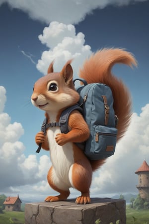 tiny squirrel with big giant backpack with camera in hands character, full body,  big puffu tail (((art by Aaron Jasinski))),   Enchanted Masterpiece, fantasy-core, Award-Winning, Masterpiece, contrast, faded , soft colors, Enchanted Masterpiece, Award-Winning, Masterpiece, contrast, faded, clouds background
    