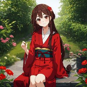 a 17 years old pretty girl,very long dark brown hair, BREAK red flower hair ornament BREAK red kimono, ,natural light,dangle earrings,flower hairpin,blush,Mid-shot,masterpiece, best quality, aethetic,（head tilt：1.2）