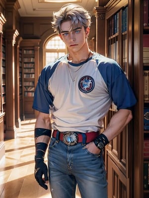 masterpiece, best quality, highres, detailled background, in  library corridor, indoors, 1boy, whole body, wriothesley (short silver messy hair, blue eyes, white t-shirt, white t-shirt,yellow belt,black gloves, Gray casual jeans, white sneakers,  ), looking at viewer, serious expression, hand on hip, sweaty,1guy