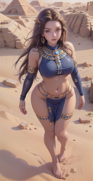 (masterpiece), 1girl, best quality, expressive eyes, perfect face, wide hips, blue eyes,  ,narrow waist,substitute_teacher, full_body , looking-at-viewer,mascaraTears,Sexy Pose,Styles Pose,egypt, desert background, upper body,( from above), 