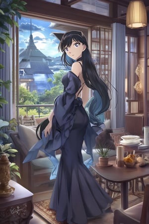 anime,Create an anime-style illustration featuring a stunning black-haired woman standing gracefully in a cozy indoor setting. The scene is illuminated by soft, silvery moonlight filtering through a large window, casting gentle shadows across the room. The composition should capture her full figure, showcasing her elegant attire—a flowing dress that subtly shimmers in the moonlight, contrasting with the warm, wooden tones of the interior.

Use a color palette dominated by deep blues and silvers, with hints of warm gold from the room’s furnishings. The artistic style should emphasize clean lines and vibrant details, with a focus on her expressive eyes and delicate features. Incorporate textures like soft fabrics and smooth surfaces to enhance the atmosphere of tranquility and dreaminess. The mood should evoke a sense of serenity and introspection, as if she is lost in thought. Aim for high-resolution quality (at least 300 DPI) to ensure clarity and depth in the final image.,Ran,torino