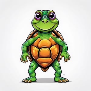 Cartoon-style, high-definition illustration of an anthropomorphic turtle, 2D, bold black outlines, clip art, vibrant colours, cartoon-expressive aesthetics, stark white background, UHD drawing