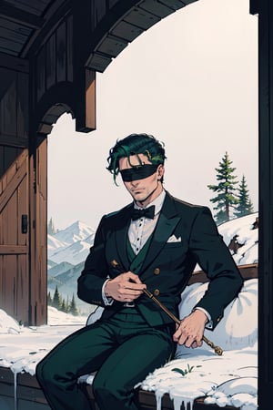 (masterpiece),1boy,vivid,a handsome maestro man,black blindfold cover all his eyes , wearing slick green tuxedo,wavy undercut hair,multicolored hair,green bangs,black anklepants,. 20 years old, thin beard, black silver wand,aurora,snow mountain, forest,solo,white background,evil face,prince vibe,ray tracing,