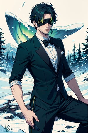 (masterpiece),1boy,vivid,a handsome maestro man, black blindfold cover all his eyes, wearing slick green tuxedo,wavy undercut hair,multicolored hair,green bangs,black anklepants,. 20 years old, thin beard, black silver wand,aurora,snow mountain, forest,solo,white background,evil face,prince vibe