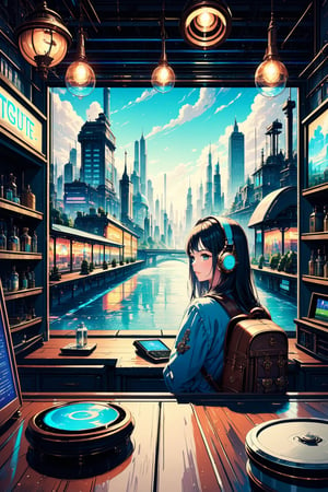 Dreampolis, hyper-detailed digital illustration, steampunk, single girl with techsuite hoodie and headphones in the street, neon lights, lighting bar, city, steampunk city, film still, backpack, in megapolis, pro-lighting, high-res, masterpiece