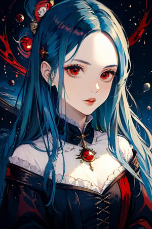 Red eyes, evil, blue hair,outer space,witch,Long hair,horror theme, masterpiece 