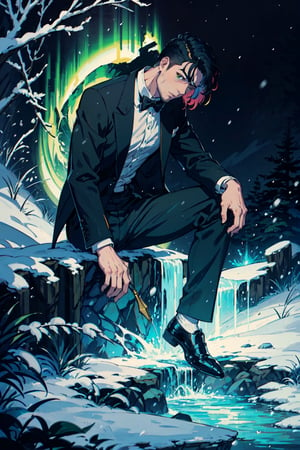 (masterpiece),1boy,vivid,a handsome maestro man, , wearing slick green tuxedo,wavy undercut hair,multicolored hair,green bangs,black anklepants,. 20 years old, thin beard, black silver wand,aurora,snow mountain, forest,solo,black background,evil face,prince vibe,ray tracing