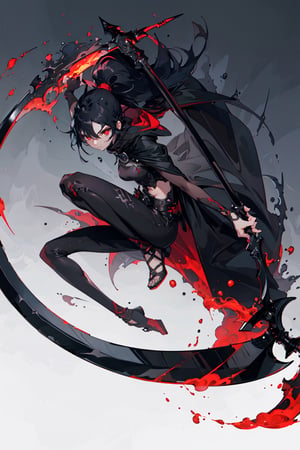 A women with red eyes, ponytail black hair, fullbody 
.
 Best quality rendering, serious .
Black cloak, black purple aura, perfect scythe, 